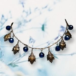 Vintage 1920s Art Deco Festoon Necklace Brass Shields Sapphire Glass Beads